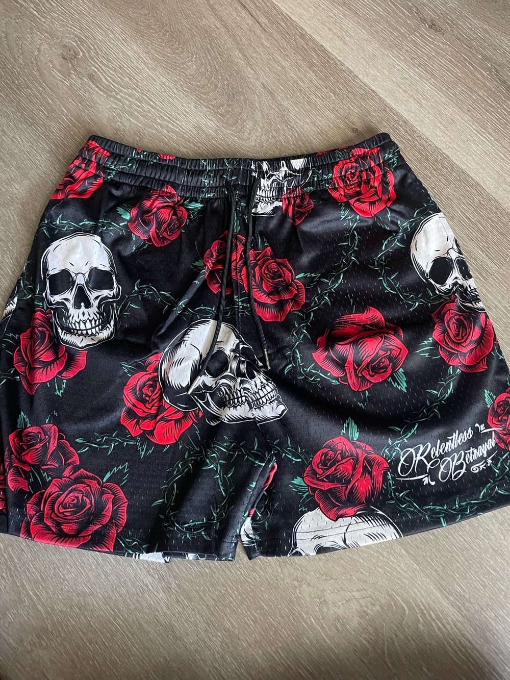 Men's Black Athletic Shorts with Red Rose & Skull Graphic